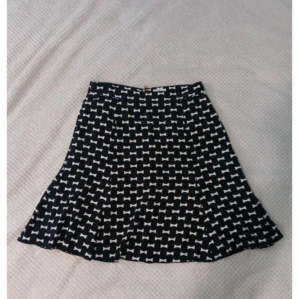 KATE SPADE Black Dark Coquett Flare Skirt White Bow Print Silk Blend Size 8 (US)